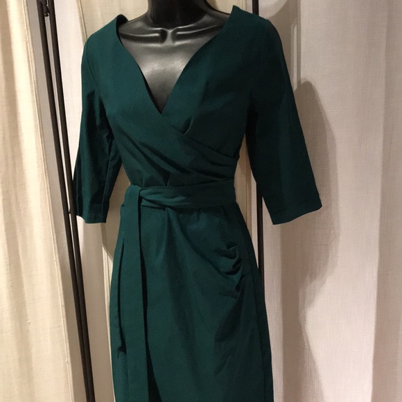 Women's Green Faux Wrap V Neck 3/4 Sleeve ruched Work Belted knee length dress - Picture 8 of 9